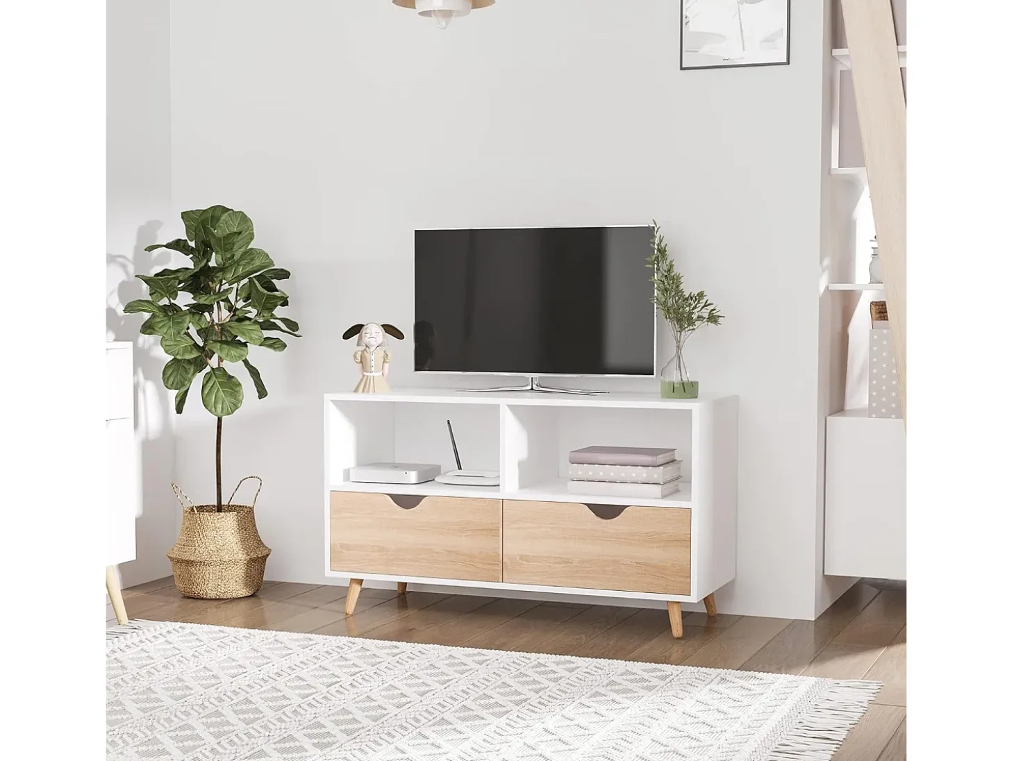 Mueble TV bajo con patas estilo escandinavo 2 cajones Color roble claro Blanco