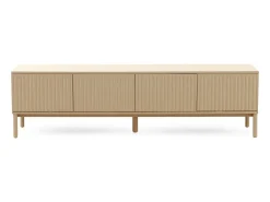Mueble tv beig con ranuras acanaladas en puertas y laterales