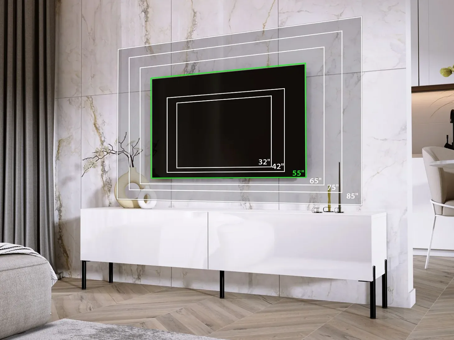 Mueble TV: Blanco Mate / Blanco Brillo, patas negras, 170 x 52 x 32 cm