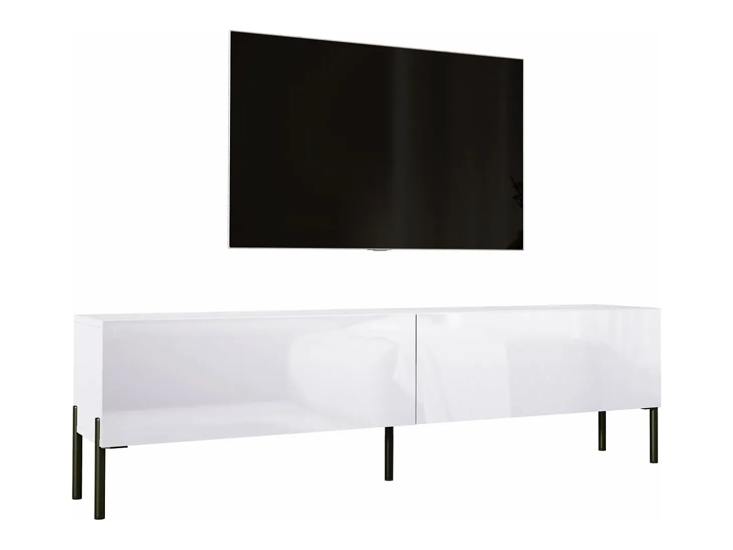 Mueble TV: Blanco Mate / Blanco Brillo, patas negras, 170 x 52 x 32 cm