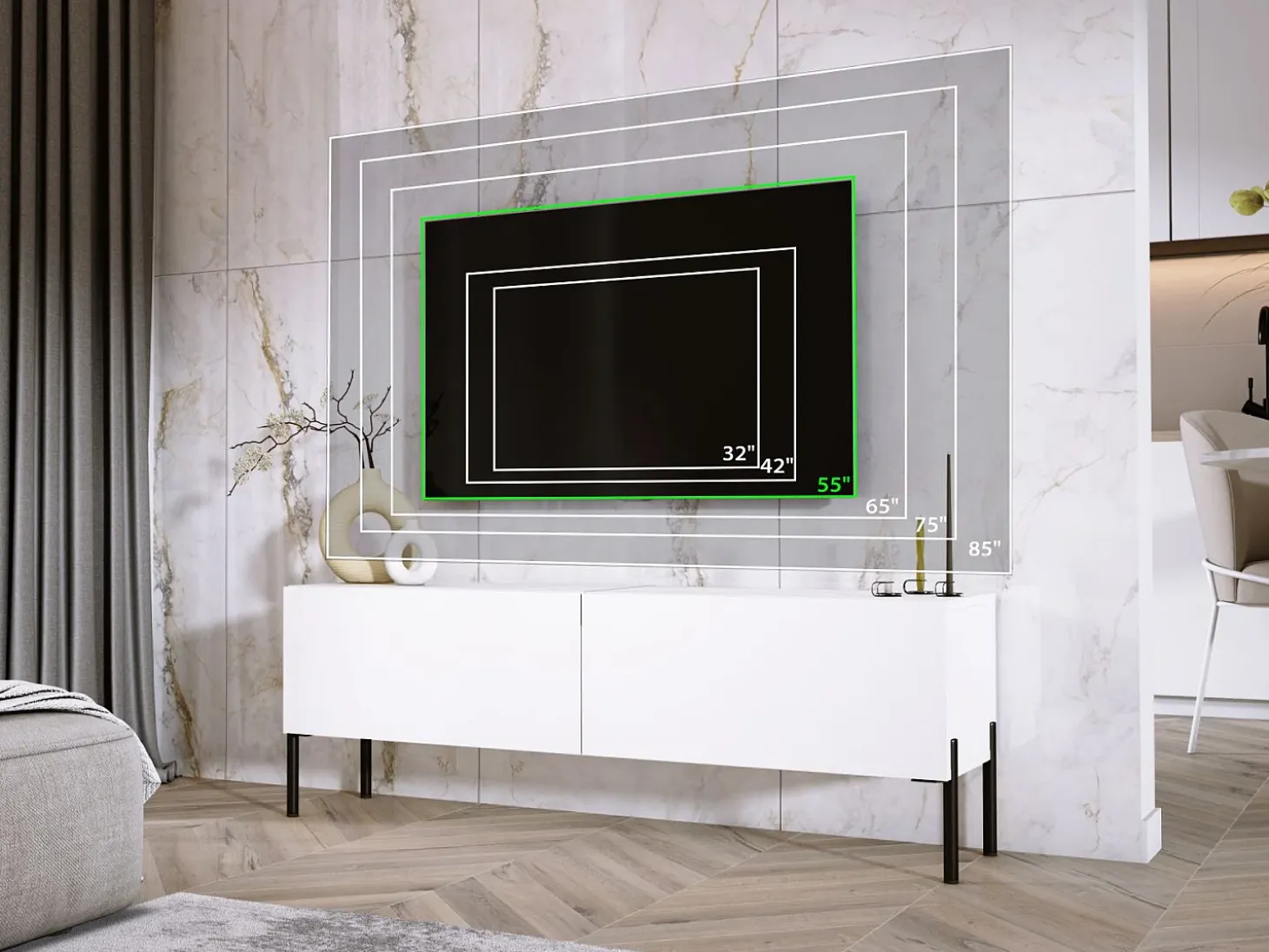Mueble TV: Blanco Mate / Blanco Brillo Con patas negras, 140 x 52 x 32 cm