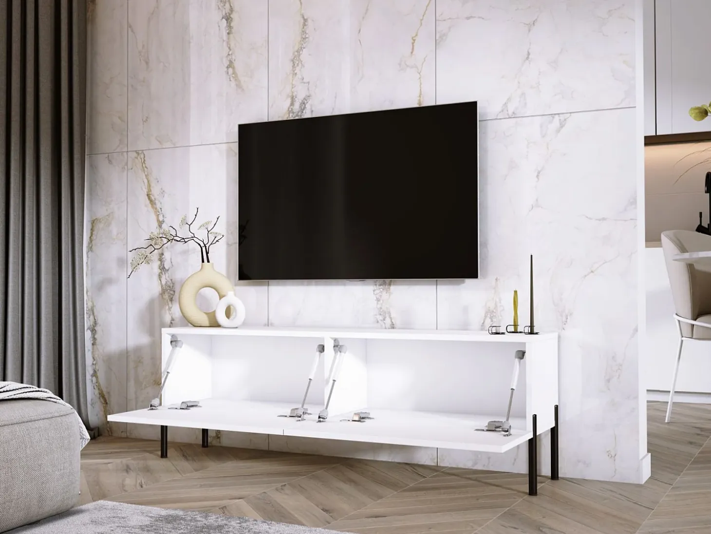Mueble TV: Blanco Mate / Blanco Brillo Con patas negras, 140 x 52 x 32 cm