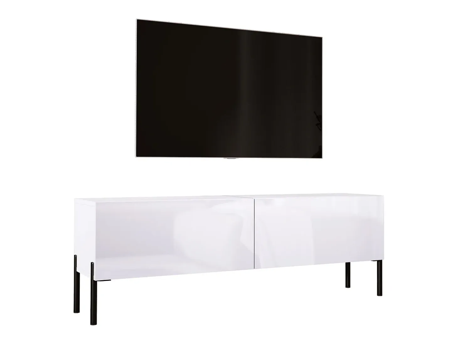 Mueble TV: Blanco Mate / Blanco Brillo Con patas negras, 140 x 52 x 32 cm