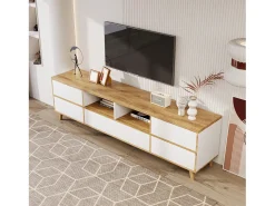 Mueble TV blanco y madera con 5 puertas, 175x37x51 cm, MDF