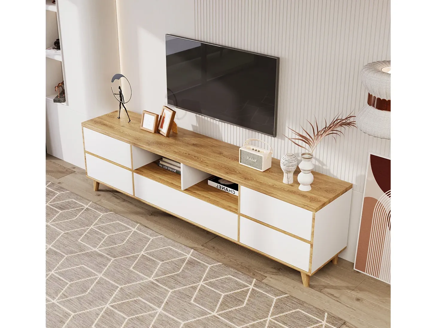 Mueble TV blanco y madera con 5 puertas, 175x37x51 cm, MDF