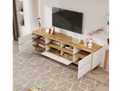 Mueble TV blanco y madera con 5 puertas, 175x37x51 cm, MDF