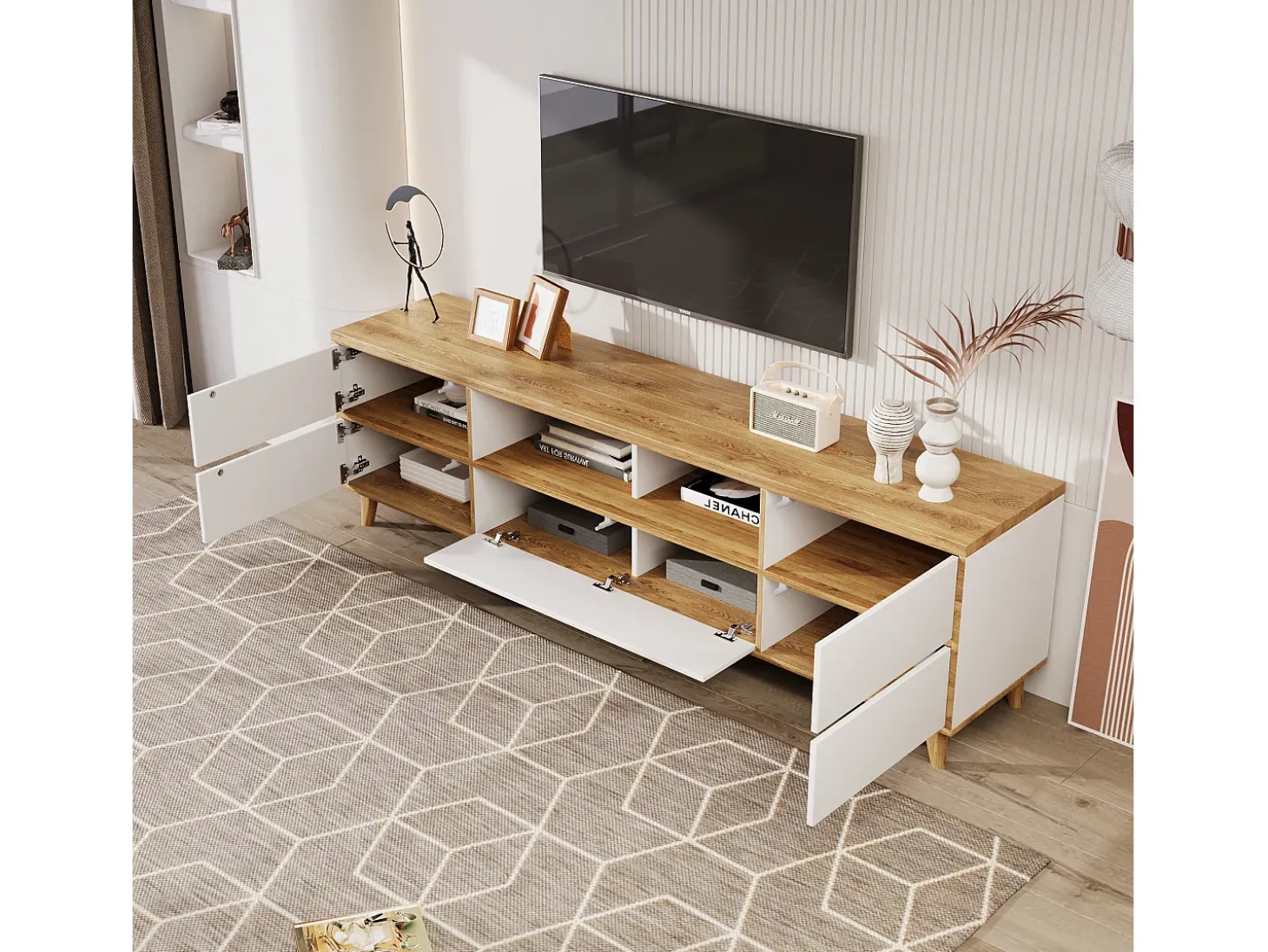 Mueble TV blanco y madera con 5 puertas, 175x37x51 cm, MDF