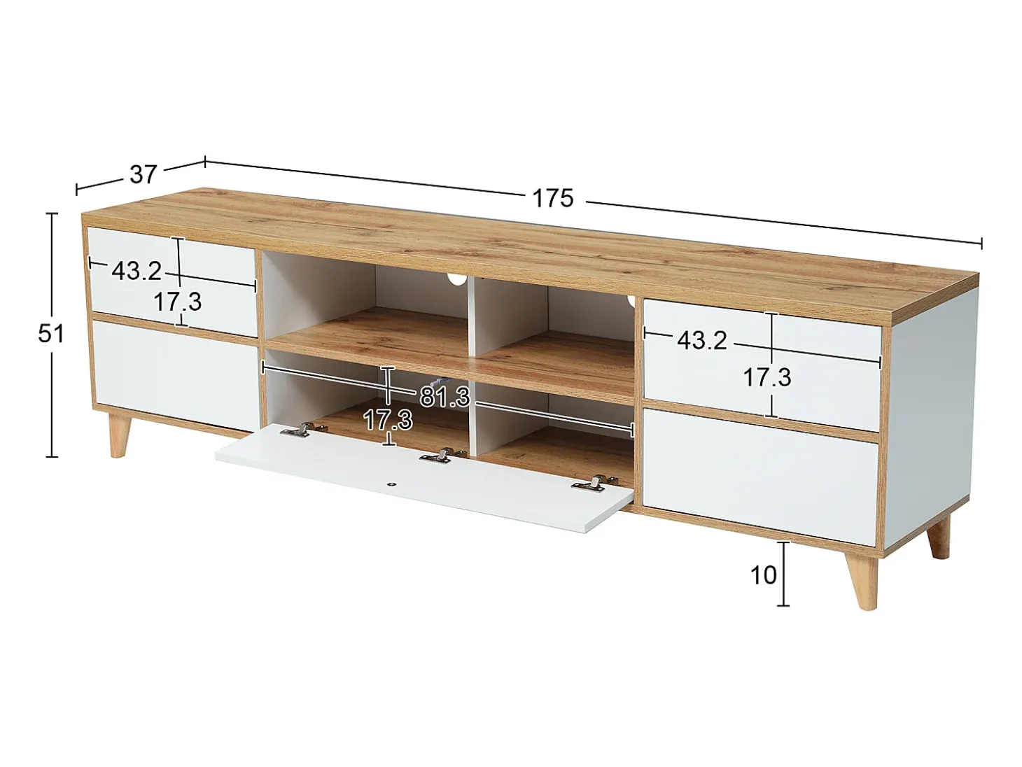 Mueble TV blanco y madera con 5 puertas, 175x37x51 cm, MDF
