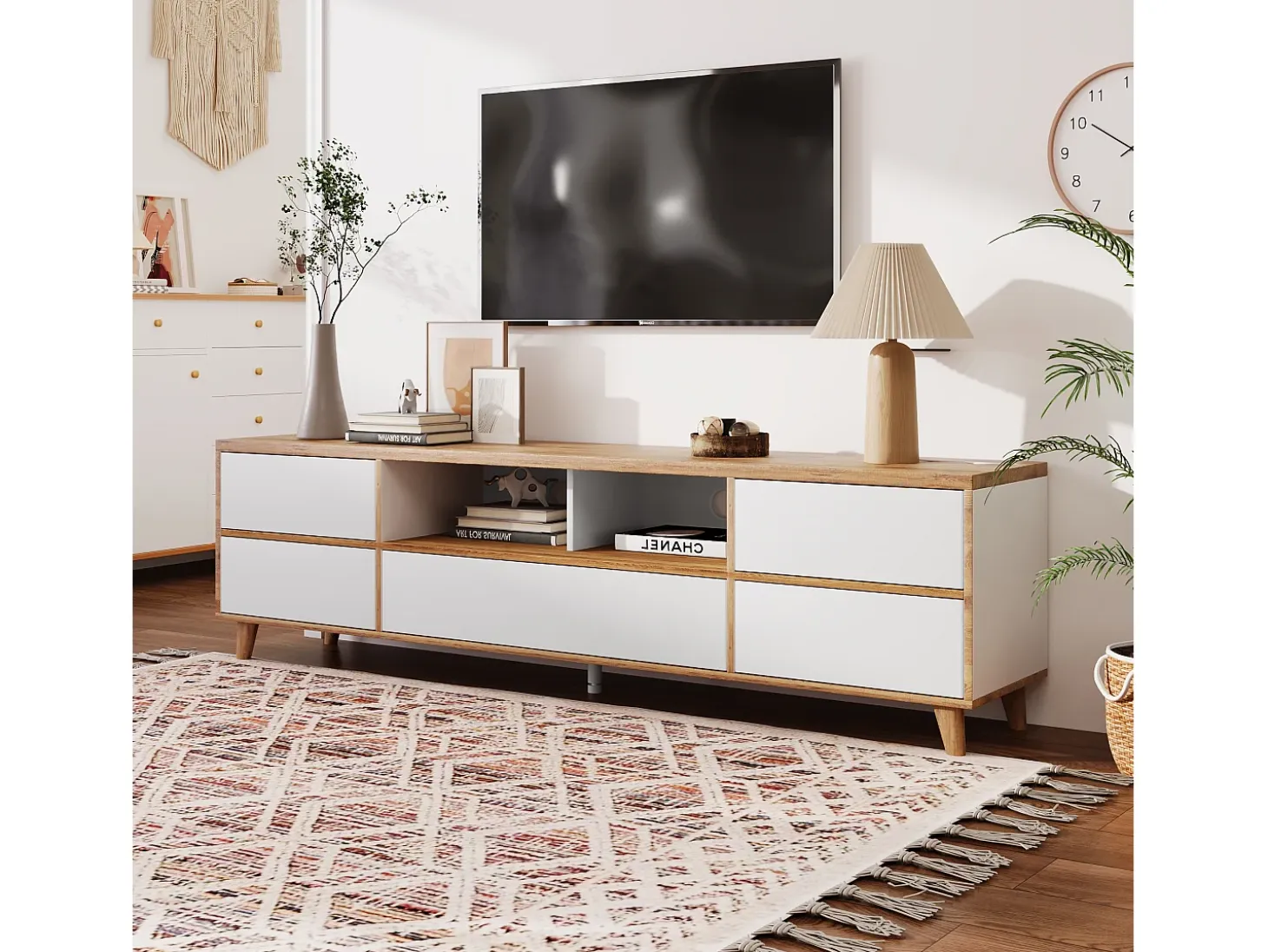 Mueble TV blanco y madera con 5 puertas, 175x37x51 cm, MDF