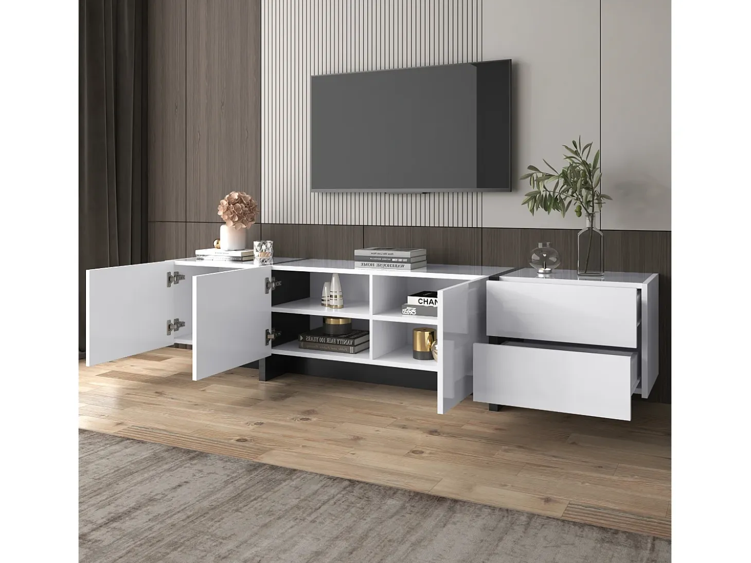 Mueble TV blanco y moderno 190x35x45 cm 3 puertas y 2 cajones
