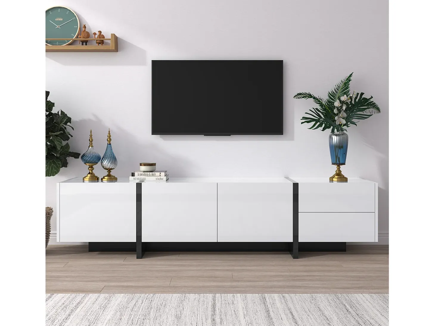 Mueble TV blanco y moderno 190x35x45 cm 3 puertas y 2 cajones