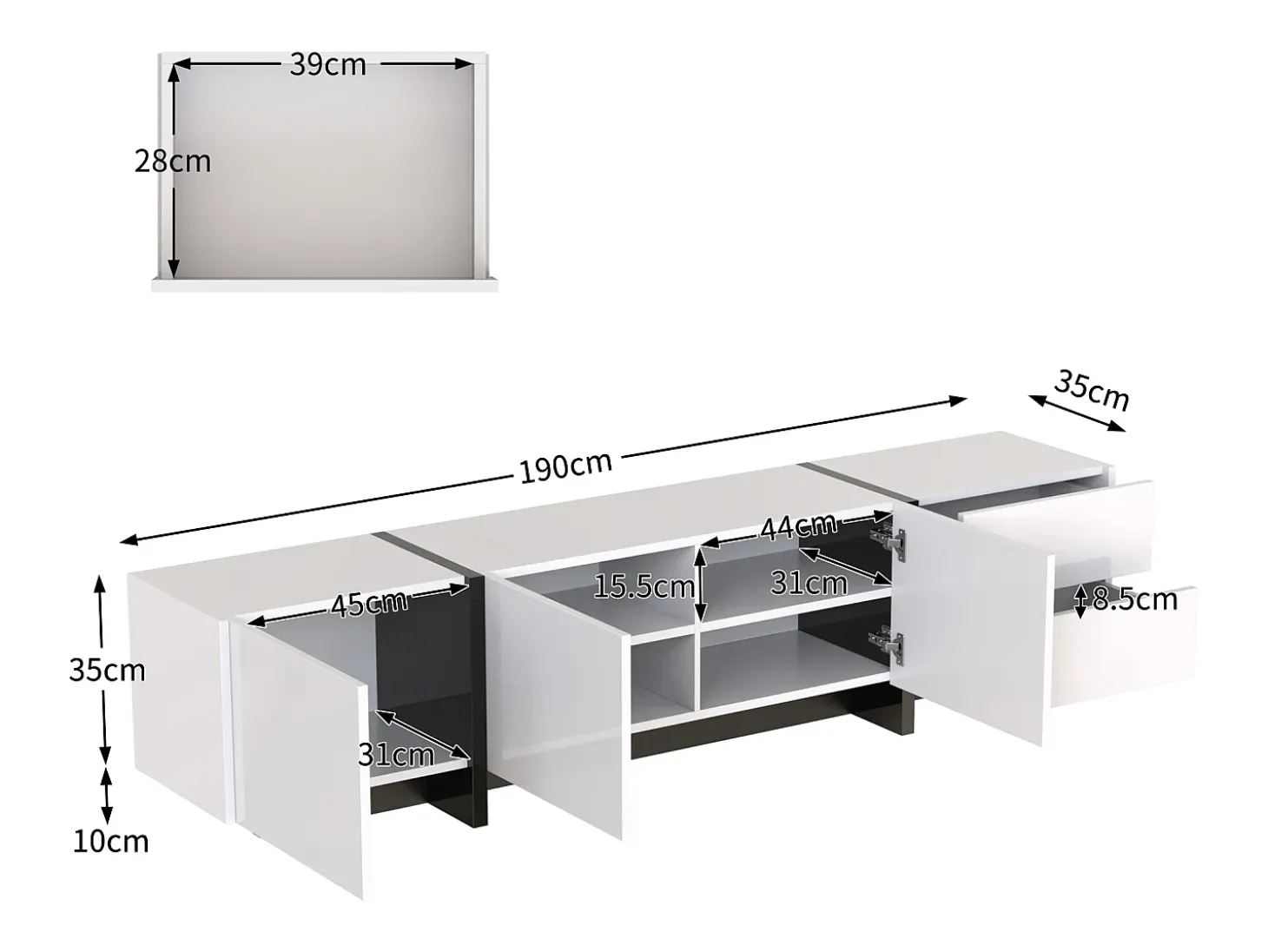 Mueble TV blanco y moderno 190x35x45 cm 3 puertas y 2 cajones