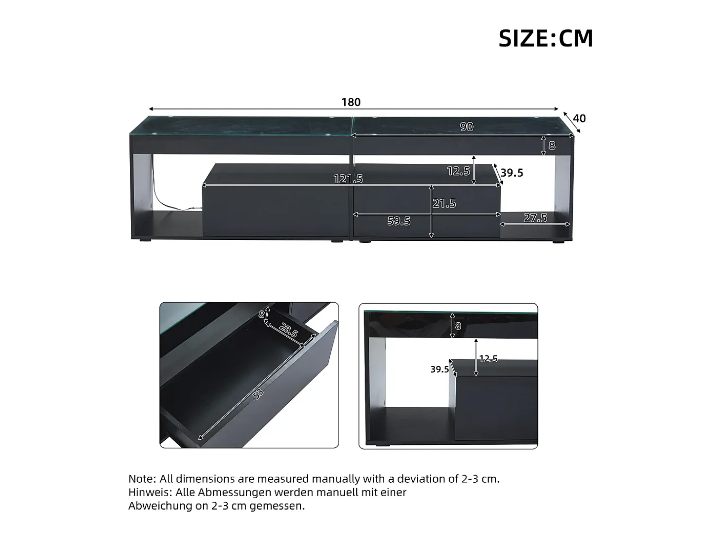 Mueble TV brillante 180x50x46 cm - con 2 cajones - con LED - para televisores hasta 70" - negro