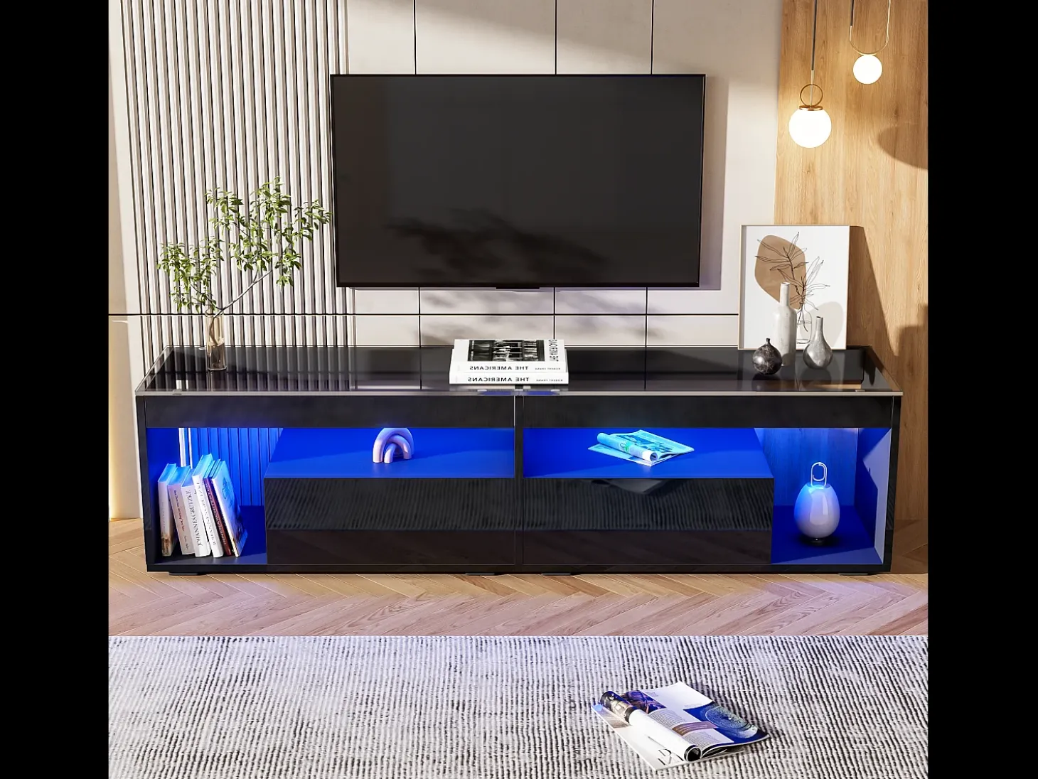Mueble TV brillante 180x50x46 cm - con 2 cajones - con LED - para televisores hasta 70" - negro