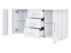 Mueble TV Buffet 140x35x70 cm con 2 cajones, 2 estantes y LED de 16 colores - MDF - Blanco