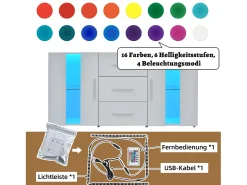 Mueble TV Buffet 140x35x70 cm con 2 cajones, 2 estantes y LED de 16 colores - MDF - Blanco