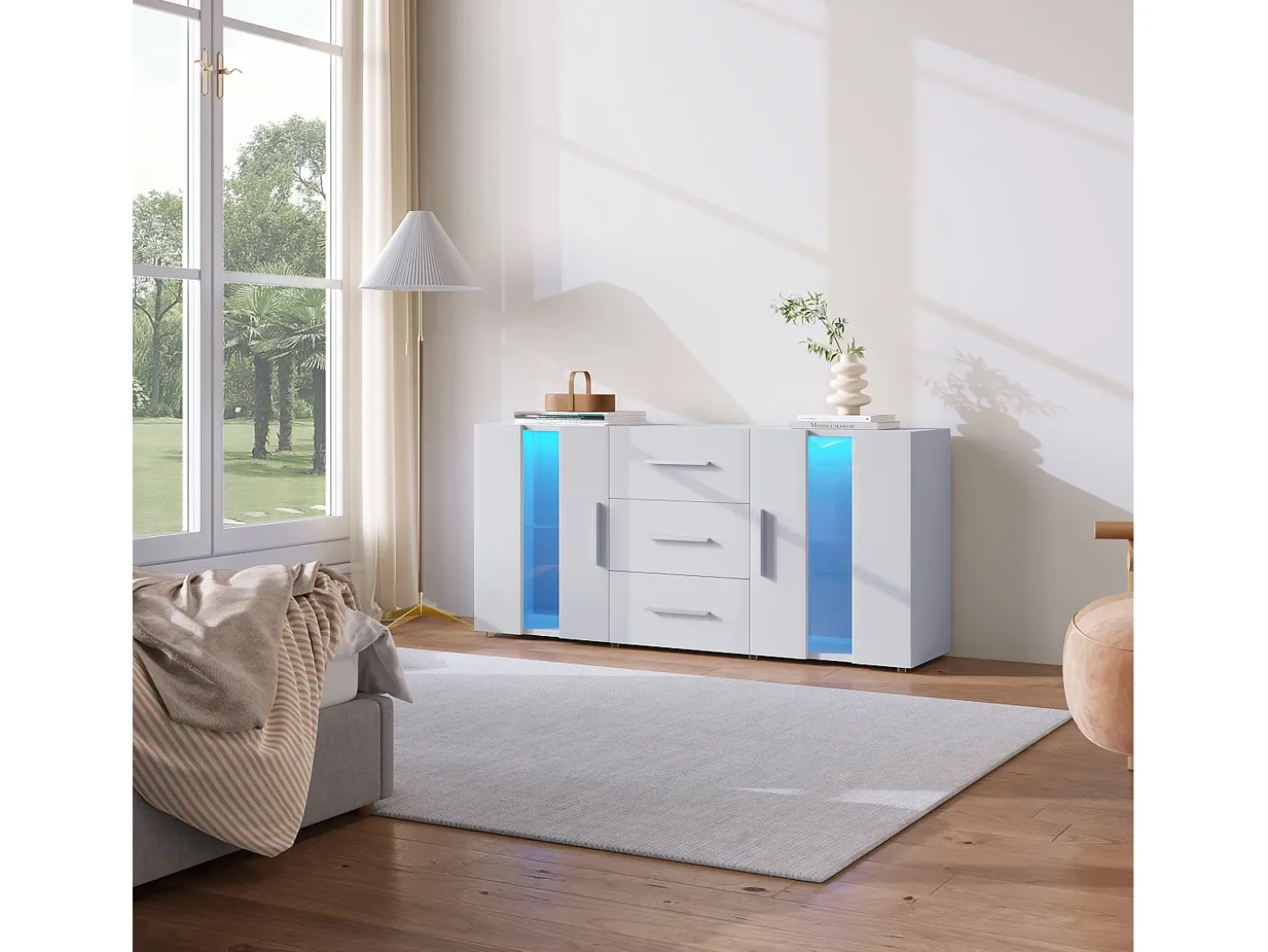 Mueble TV Buffet 140x35x70 cm con 2 cajones, 2 estantes y LED de 16 colores - MDF - Blanco
