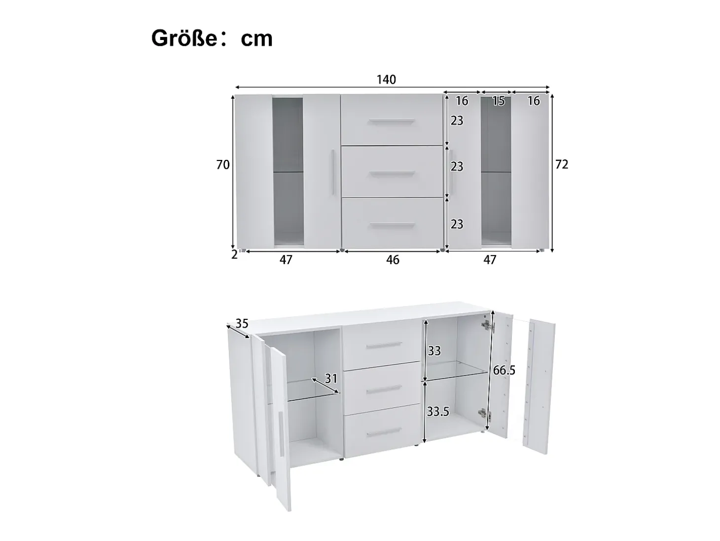 Mueble TV Buffet 140x35x70 cm con 2 cajones, 2 estantes y LED de 16 colores - MDF - Blanco