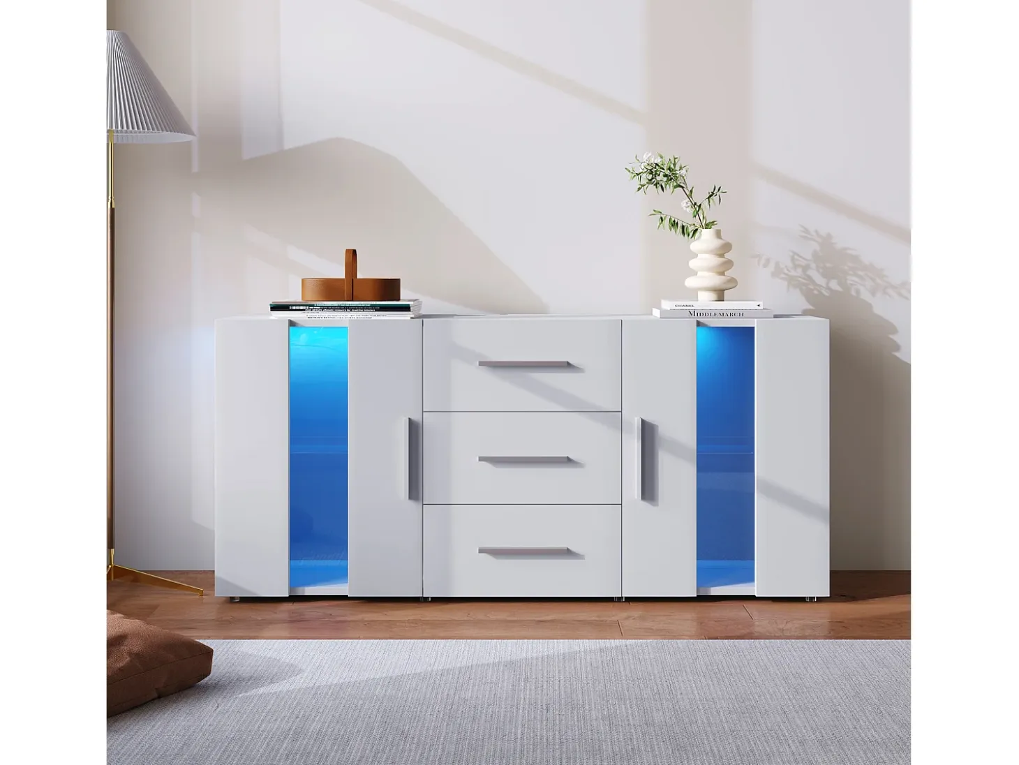 Mueble TV Buffet 140x35x70 cm con 2 cajones, 2 estantes y LED de 16 colores - MDF - Blanco