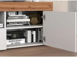 Mueble TV Chronos con 2 puertas y 1 cajón blanco brillo y roble 155x40x51 cm