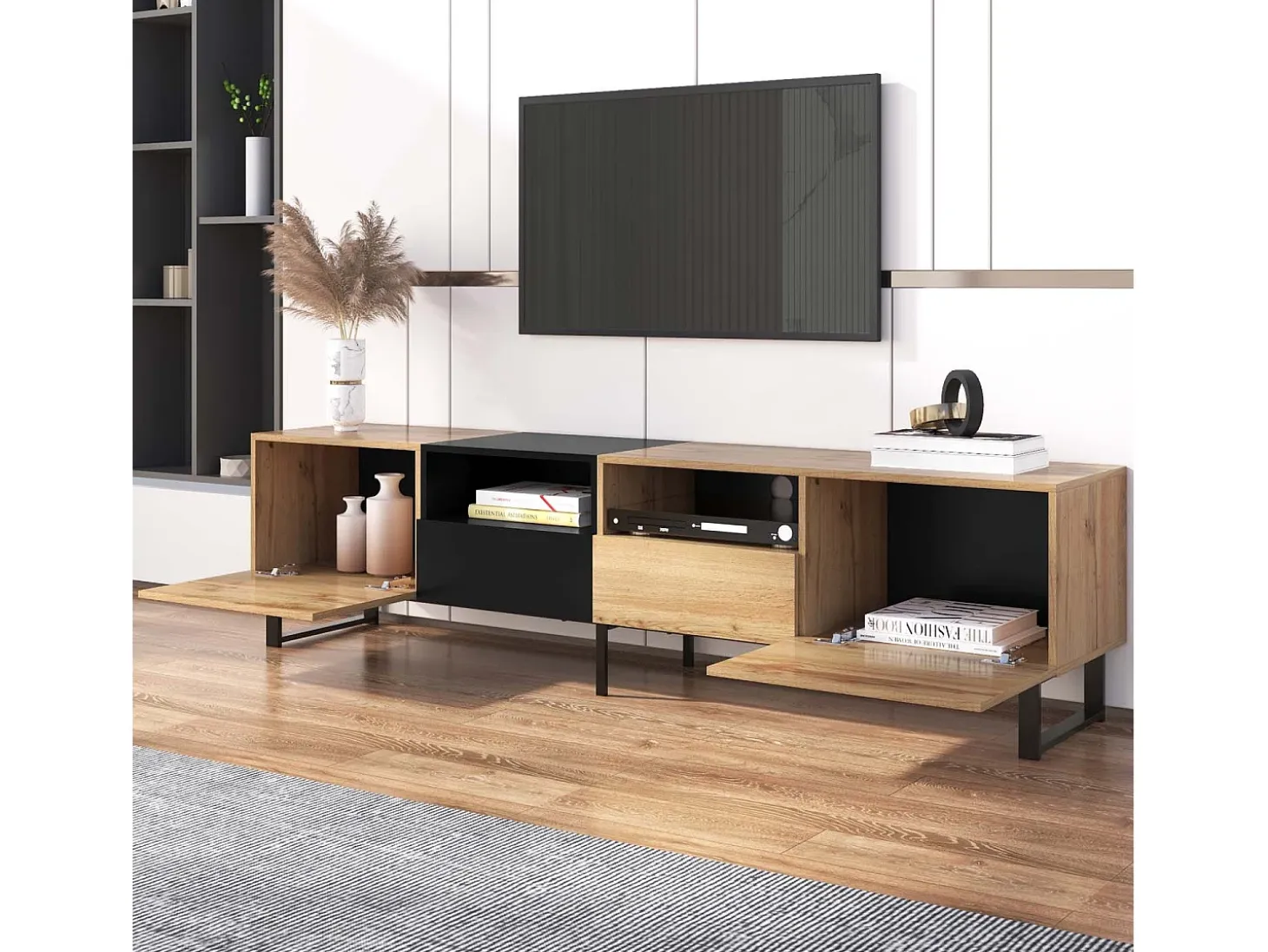 Mueble TV 190cm - 2 puertas + 2 cajones + 2 compartimentos - estilo industrial - Natural