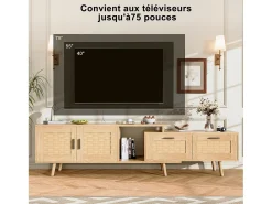 Mueble TV 169cm, aparador bajo de ratán para TV de 75 pulgadas, mesa TV con 1 puerta, 2 cajones, patas de madera maciza