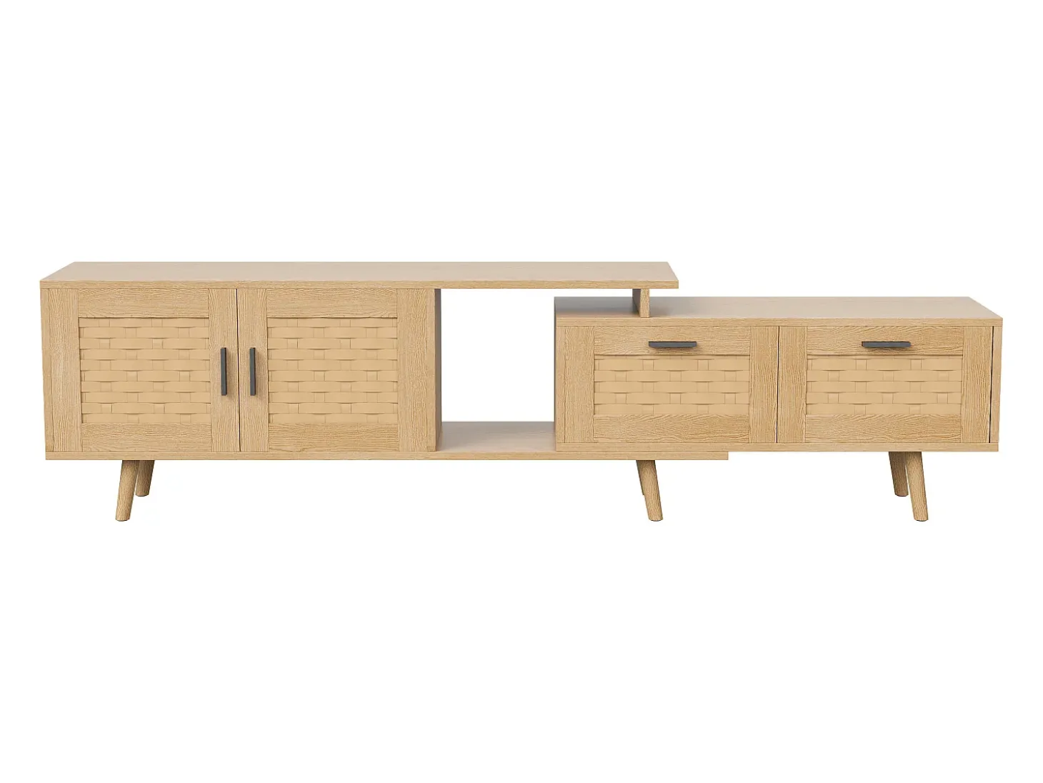 Mueble TV 169cm, aparador bajo de ratán para TV de 75 pulgadas, mesa TV con 1 puerta, 2 cajones, patas de madera maciza