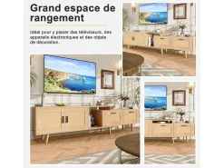 Mueble TV 169cm, aparador bajo de ratán para TV de 75 pulgadas, mesa TV con 1 puerta, 2 cajones, patas de madera maciza