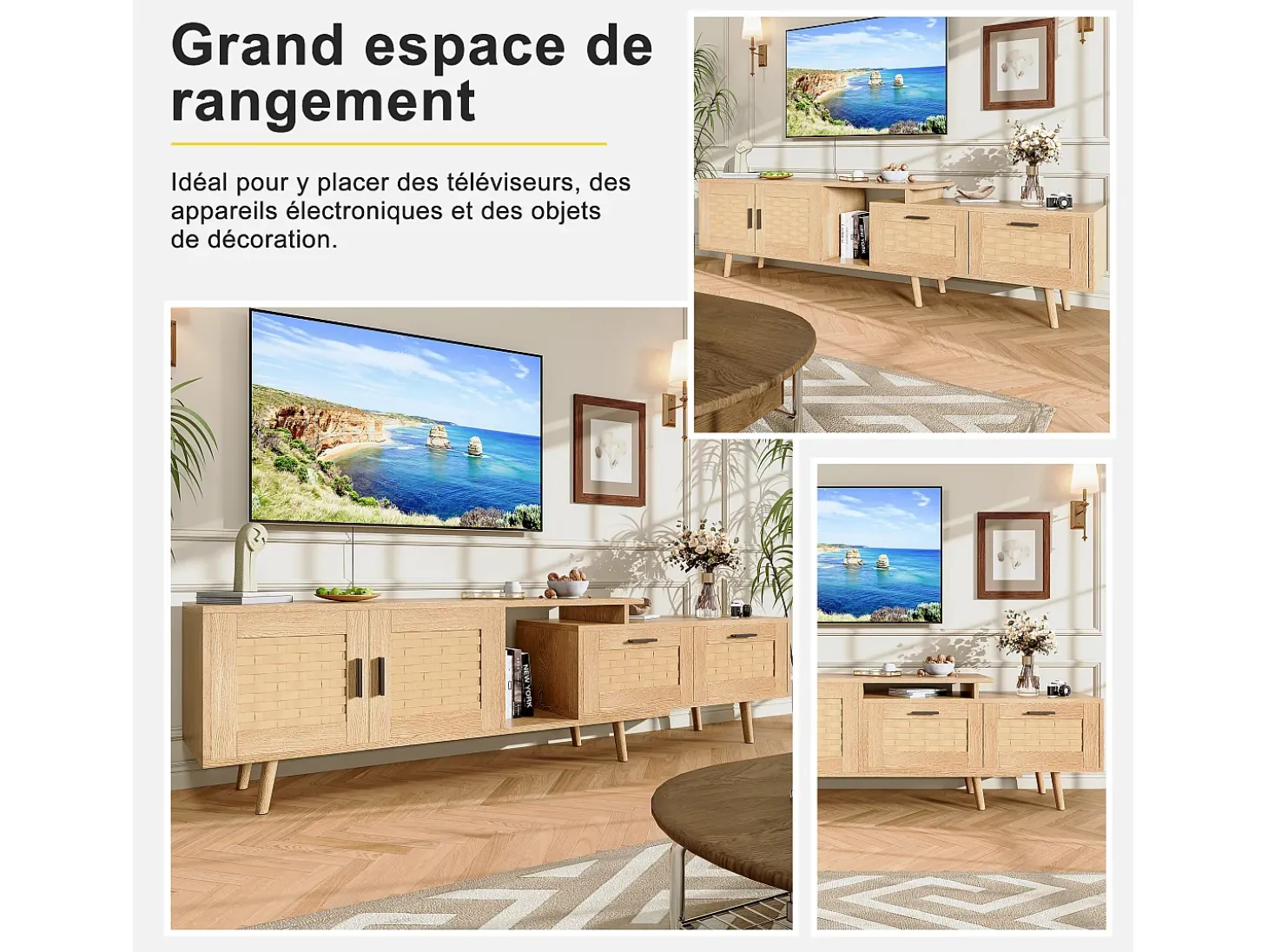 Mueble TV 169cm, aparador bajo de ratán para TV de 75 pulgadas, mesa TV con 1 puerta, 2 cajones, patas de madera maciza