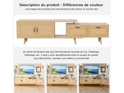 Mueble TV 169cm, aparador bajo de ratán para TV de 75 pulgadas, mesa TV con 1 puerta, 2 cajones, patas de madera maciza