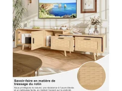 Mueble TV 169cm, aparador bajo de ratán para TV de 75 pulgadas, mesa TV con 1 puerta, 2 cajones, patas de madera maciza