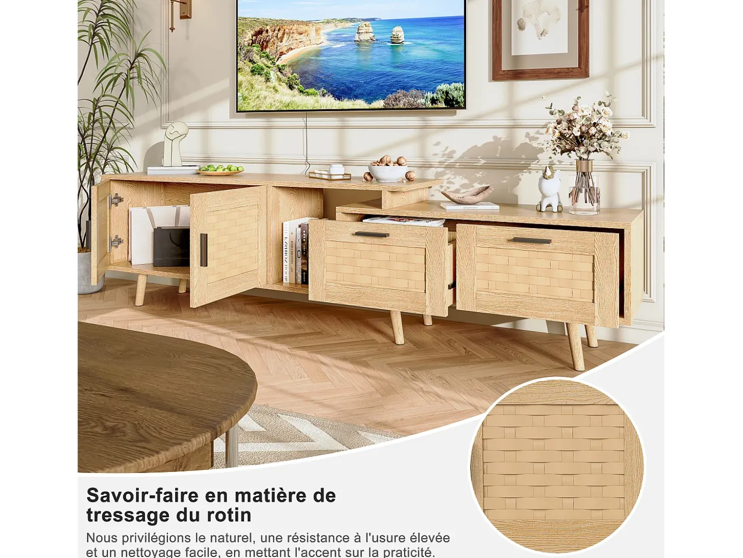 Mueble TV 169cm, aparador bajo de ratán para TV de 75 pulgadas, mesa TV con 1 puerta, 2 cajones, patas de madera maciza