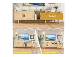 Mueble TV 169cm, aparador bajo de ratán para TV de 75 pulgadas, mesa TV con 1 puerta, 2 cajones, patas de madera maciza