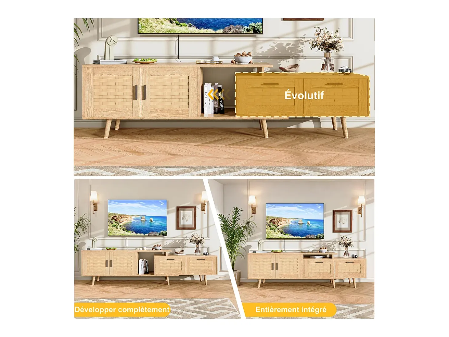 Mueble TV 169cm, aparador bajo de ratán para TV de 75 pulgadas, mesa TV con 1 puerta, 2 cajones, patas de madera maciza