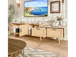 Mueble TV 169cm, aparador bajo de ratán para TV de 75 pulgadas, mesa TV con 1 puerta, 2 cajones, patas de madera maciza