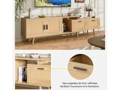 Mueble TV 169cm, aparador bajo de ratán para TV de 75 pulgadas, mesa TV con 1 puerta, 2 cajones, patas de madera maciza