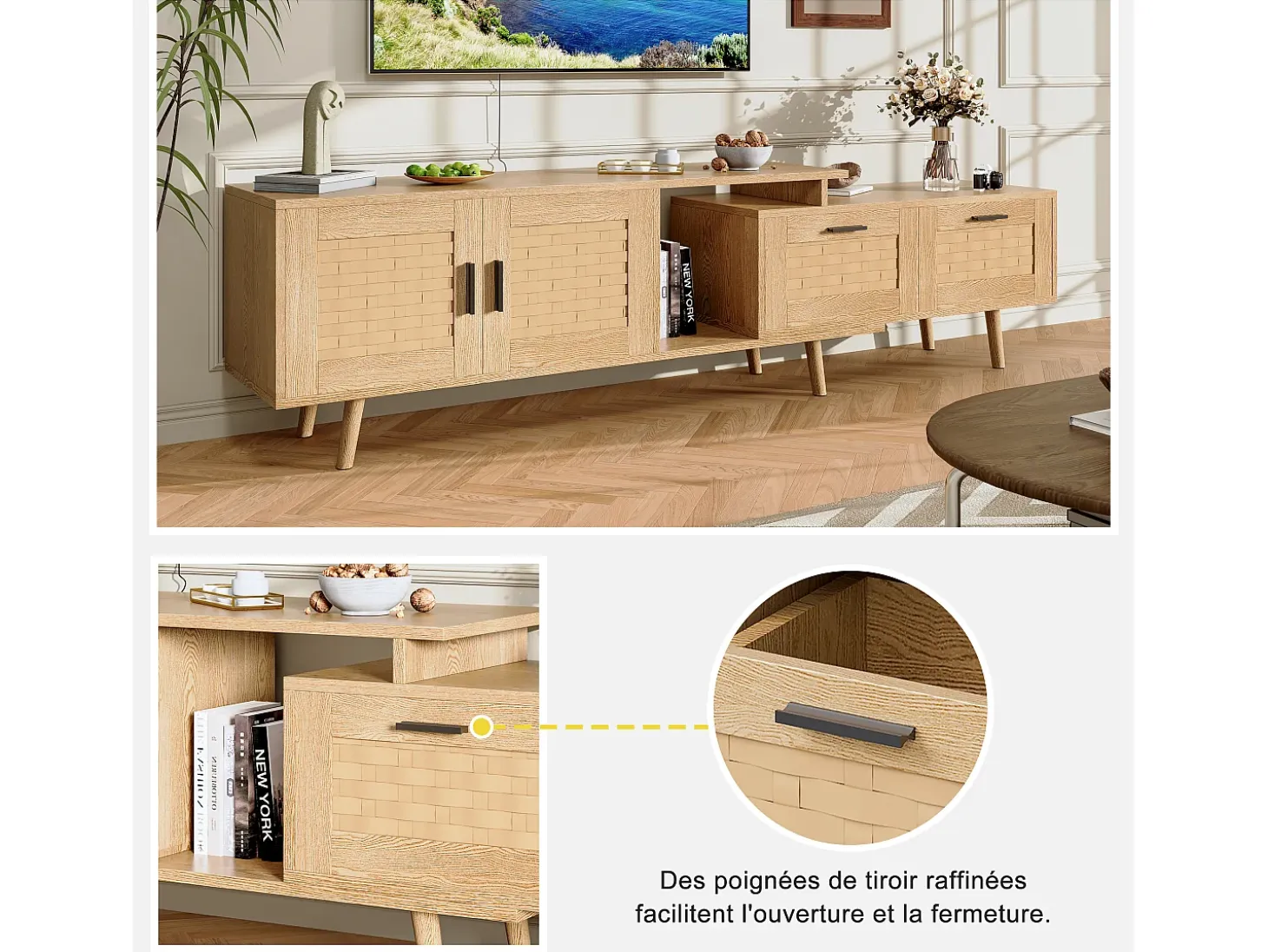 Mueble TV 169cm, aparador bajo de ratán para TV de 75 pulgadas, mesa TV con 1 puerta, 2 cajones, patas de madera maciza
