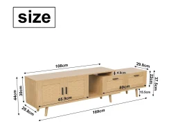 Mueble TV 169cm, aparador bajo de ratán para TV de 75 pulgadas, mesa TV con 1 puerta, 2 cajones, patas de madera maciza