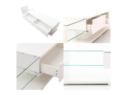 Mueble TV 170cm con LED y mampara de cristal - 2 cajones - Blanco
