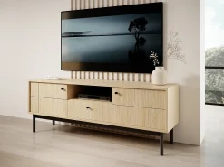 Mueble TV: Color Roble Linea, patas negras, 153,5 x 56,5 x 39 cm