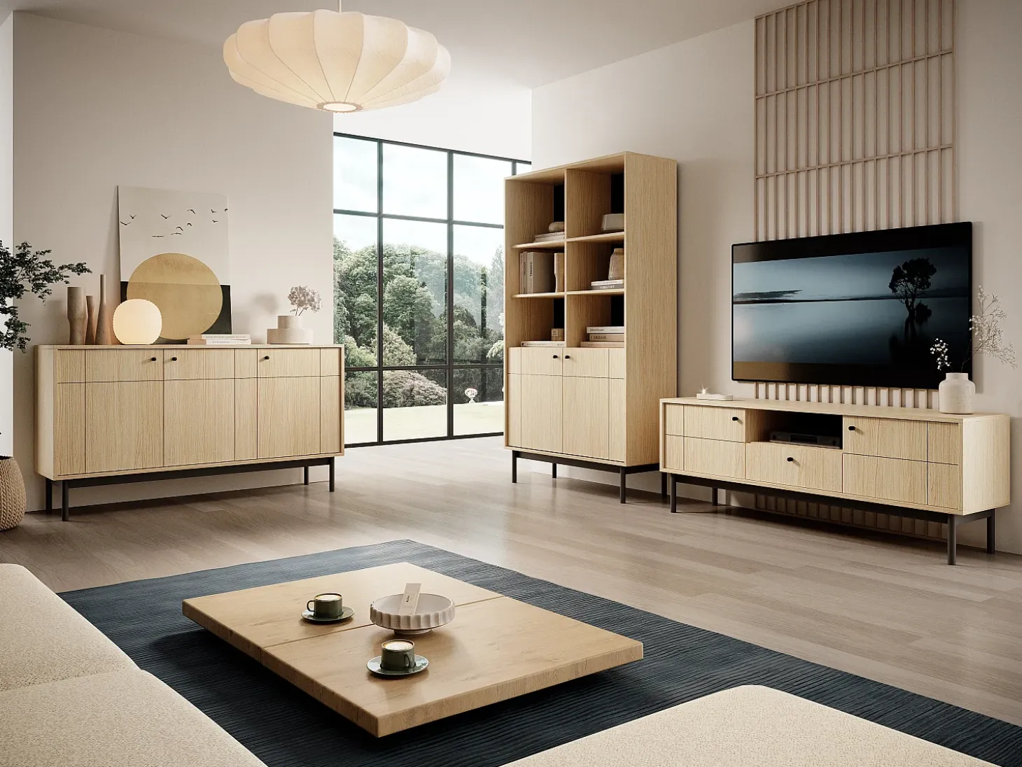 Mueble TV: Color Roble Linea, patas negras, 153,5 x 56,5 x 39 cm
