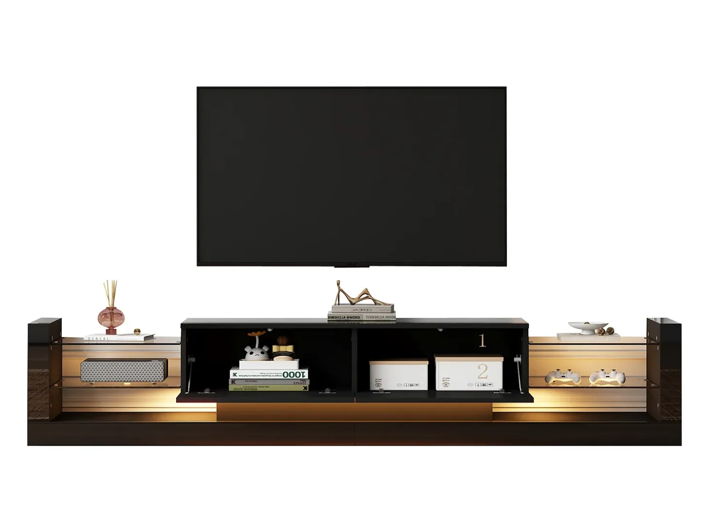 Mueble TV con 2 cajones plegables - 181 x 38 x 38 cm - LED - Tablero de partículas - Negro brillante
