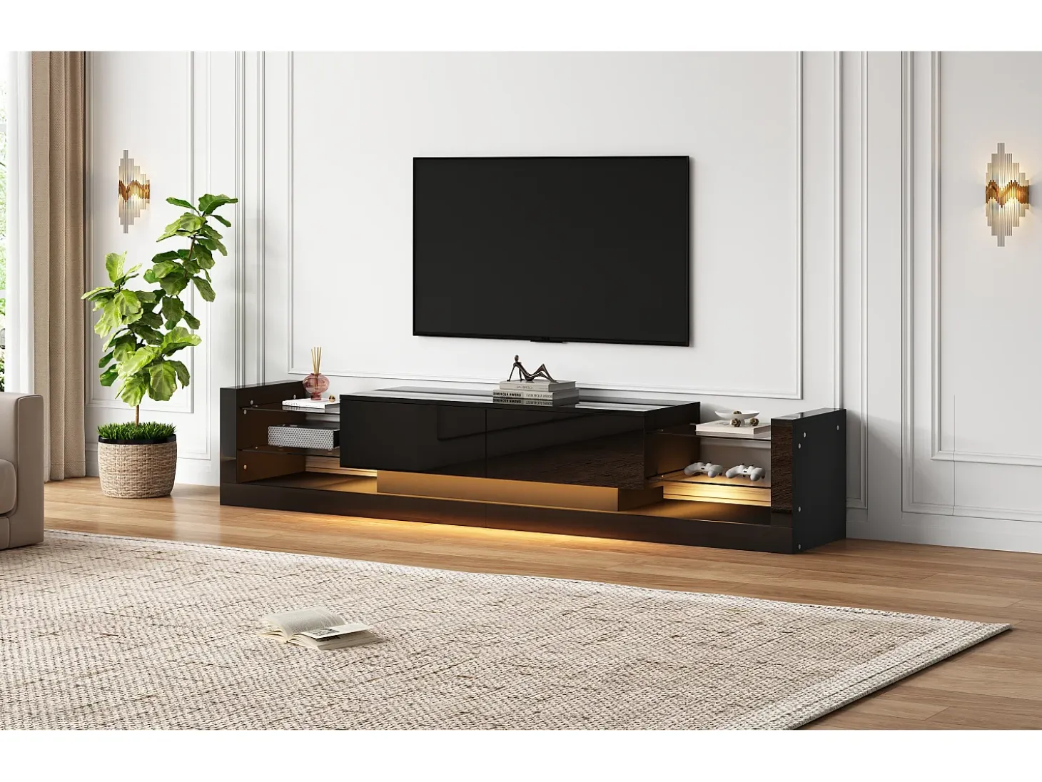 Mueble TV con 2 cajones plegables - 181 x 38 x 38 cm - LED - Tablero de partículas - Negro brillante