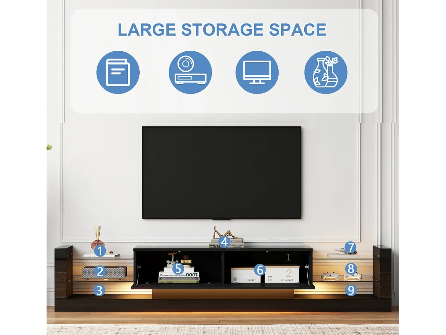Mueble TV con 2 cajones plegables - 181 x 38 x 38 cm - LED - Tablero de partículas - Negro brillante