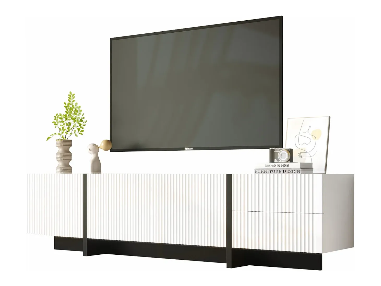 Mueble TV con 2 cajones y 3 puertas - 190 x 35 x 45 cm - Madera MDF y tableros de partículas - Blanco + negro