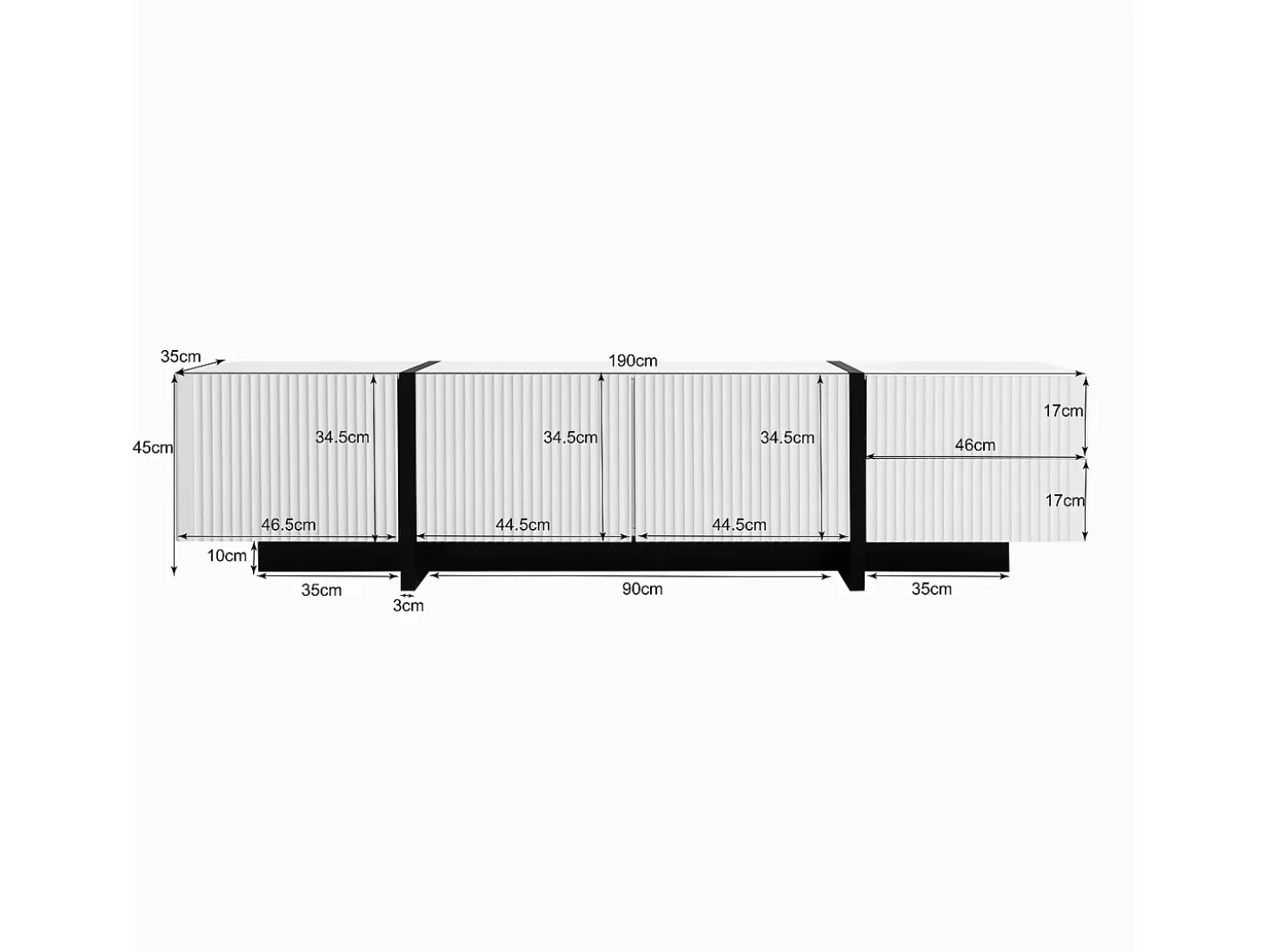 Mueble TV con 2 cajones y 3 puertas - 190 x 35 x 45 cm - Madera MDF y tableros de partículas - Blanco + negro