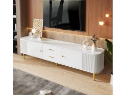 Mueble TV con 2 cajones y 2 puertas - 170 x 34 x 45 cm - Madera MDF - Tiradores y pies dorados - Blanco