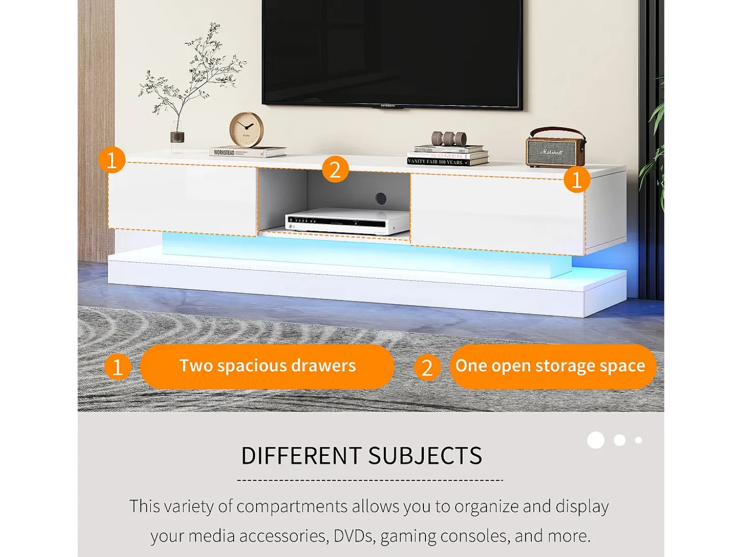 Mueble TV con 2 cajones y compartimento abierto - 160 x 35 x 40,5 cm - LED - Tablero de partículas - Blanco brillo