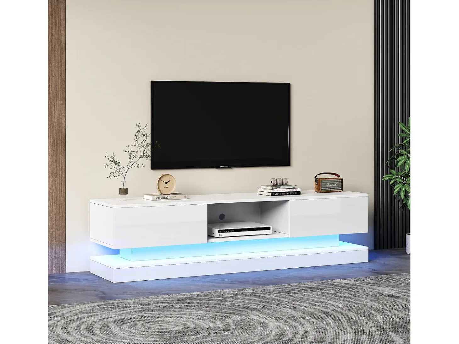 Mueble TV con 2 cajones y compartimento abierto - 160 x 35 x 40,5 cm - LED - Tablero de partículas - Blanco brillo