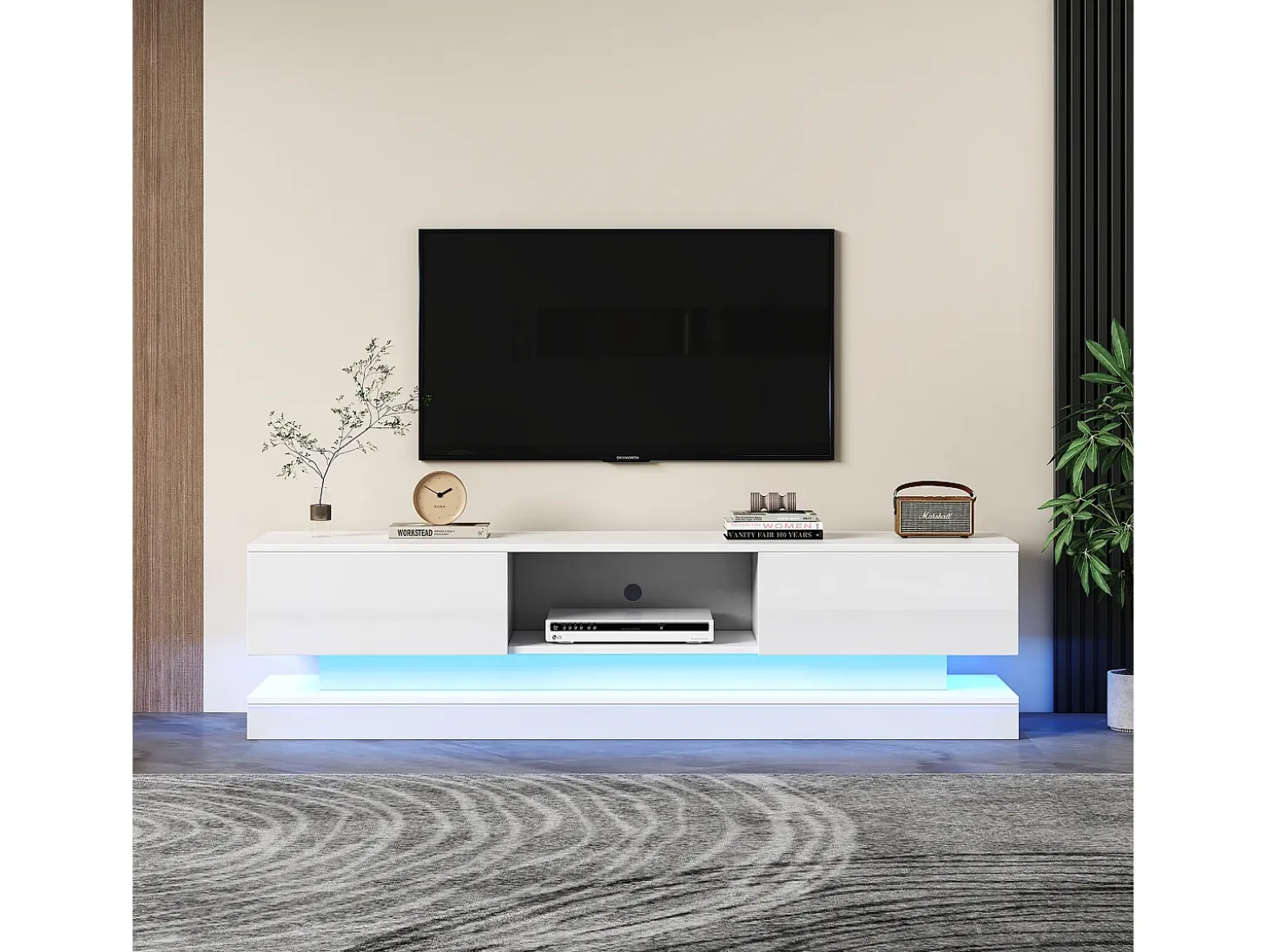 Mueble TV con 2 cajones y compartimento abierto - 160 x 35 x 40,5 cm - LED - Tablero de partículas - Blanco brillo